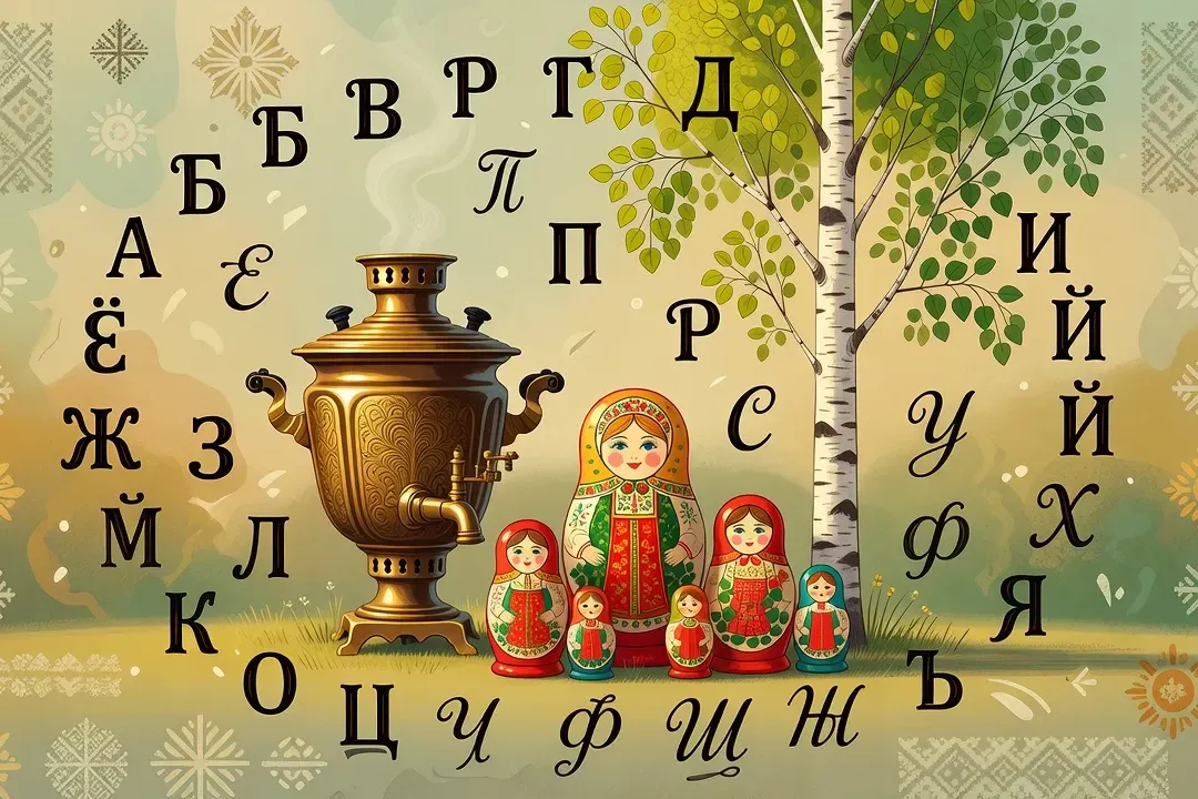 Lexique culture slave : alphabet cyrillique et objets russes traditionnels — samovar, matriochka, bouleau