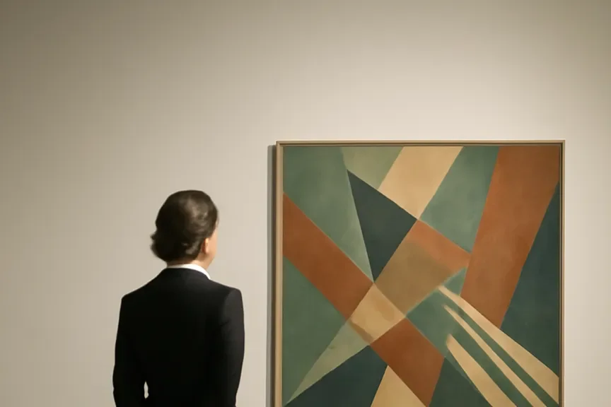 Femme contemplant une œuvre d'art abstrait géométrique dans une galerie