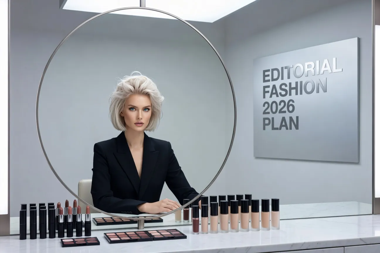 Atelier maquillage avec mannequin russe contemporaine, produits cosmétiques, miroir circulaire