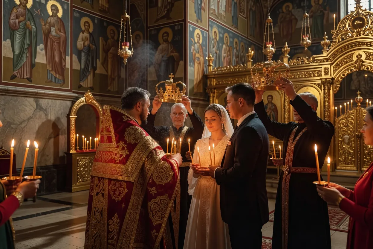 Cérémonie de mariage traditionnel russe avec couronnes du ventchanie orthodoxe