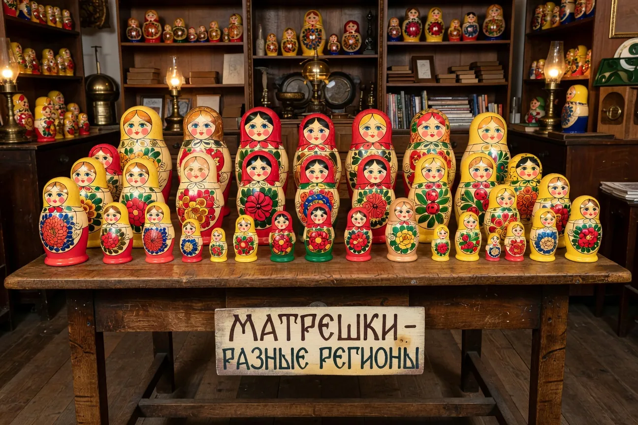 Étalage de matriochkas variées sur table d'antiquaire à Moscou avec différentes tailles et styles régionaux