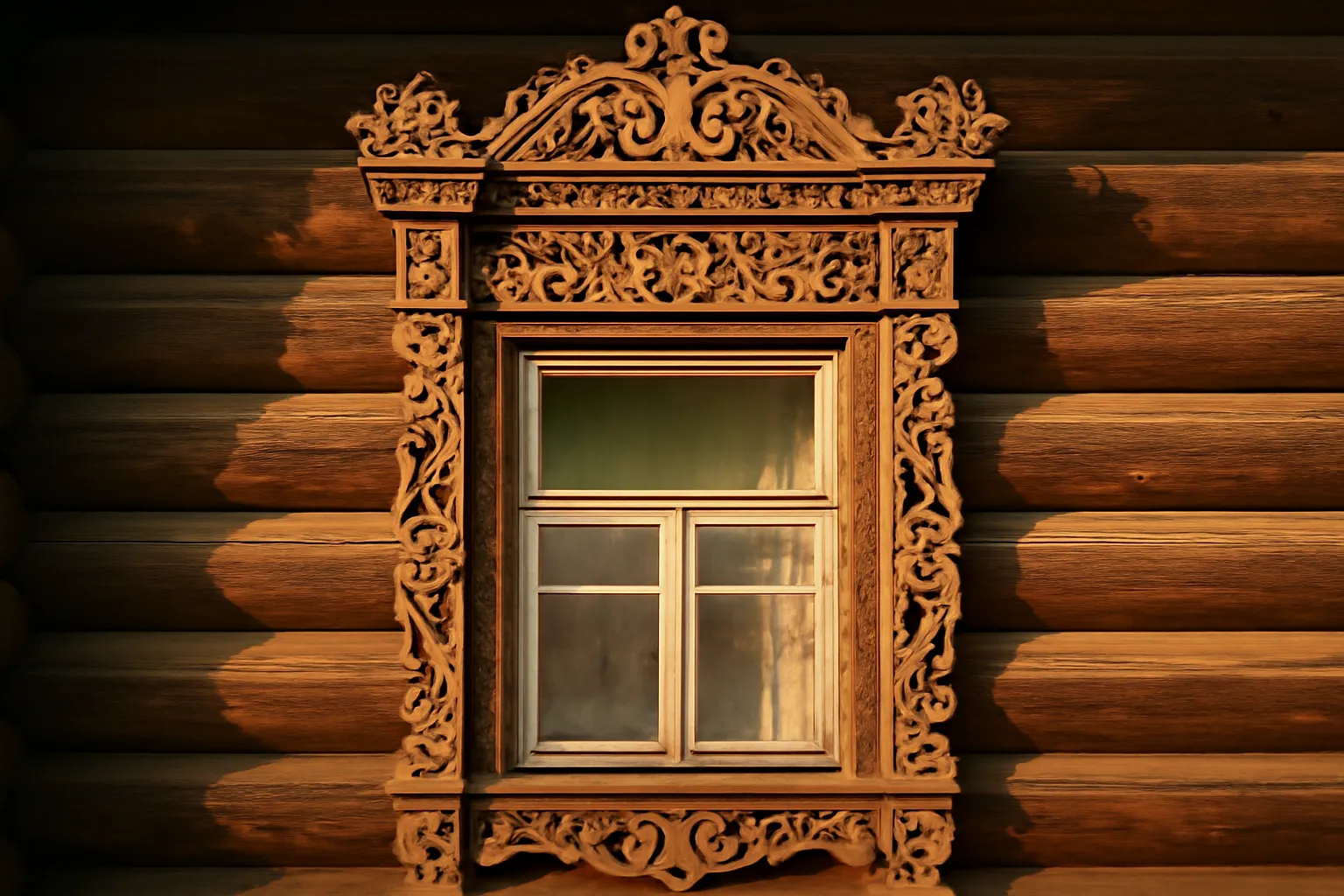 Encadrement de fenêtre nalichnik sculpté sur la façade d'une isba russe