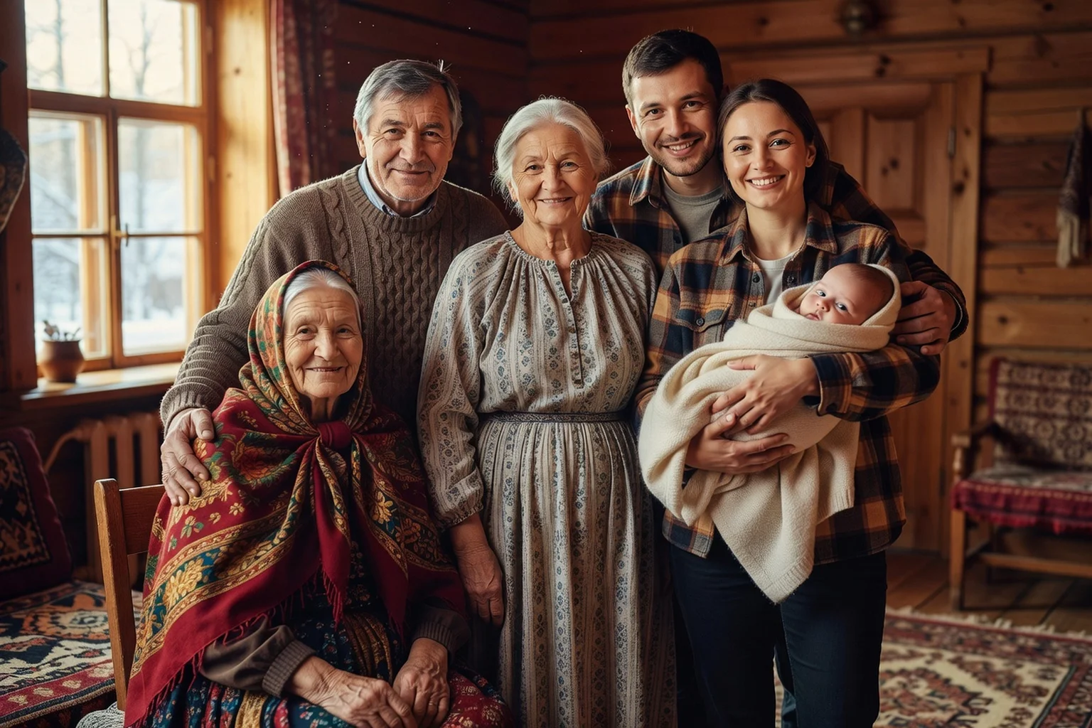 Famille russe de quatre générations réunie dans une isba en bois, de l'arrière-grand-mère en foulard au bébé dans les bras