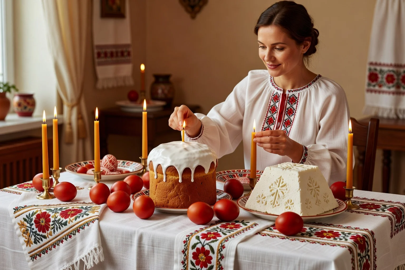 Table de Pâques orthodoxe russe avec kulitch à glaçage blanc, œufs teints en rouge, paskha et bougies, une femme allumant une bougie