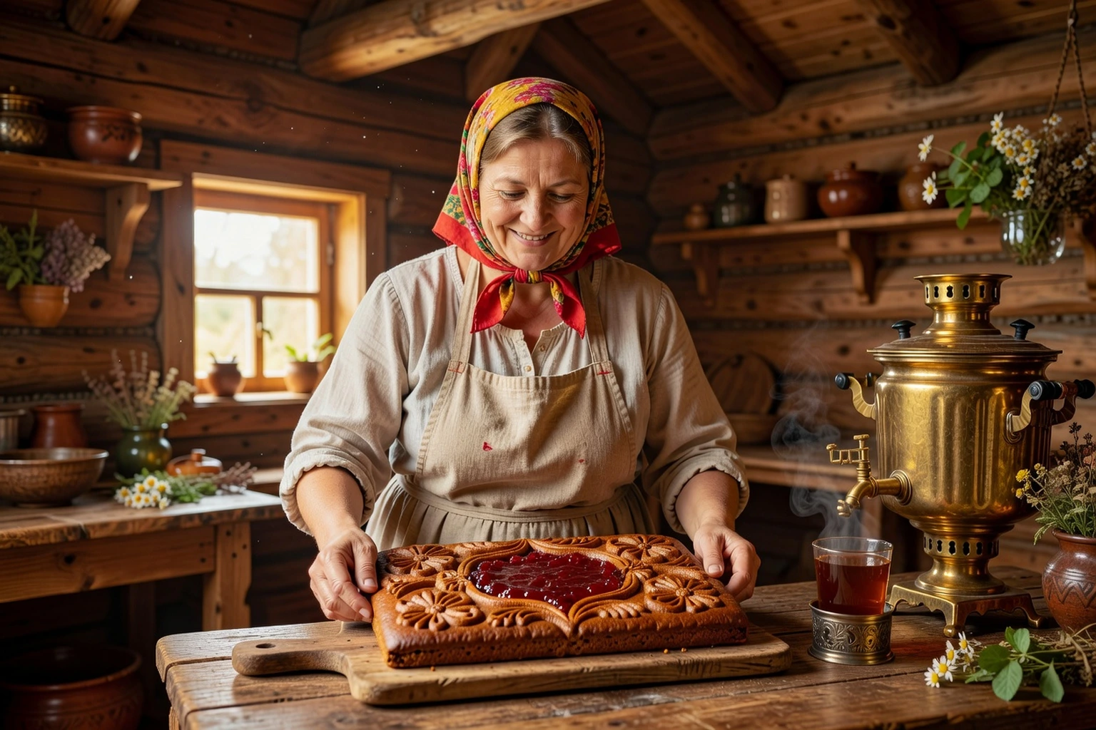 Femme russe en foulard fleuri et tablier de lin disposant un grand pryanik de Toula estampé aux motifs floraux près d'un samovar en laiton, lumière naturelle à la fenêtre d'une isba en bois