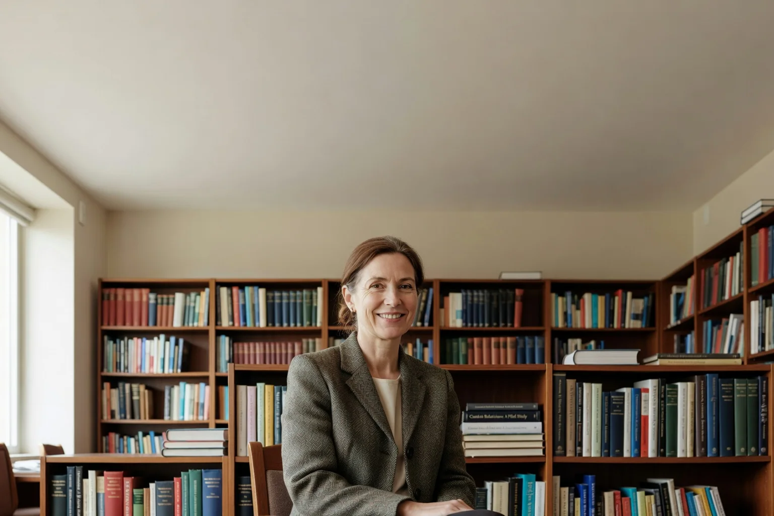Ekaterina Voronova, anthropologue, souriante dans son bureau universitaire entourée d'étagères de livres anciens