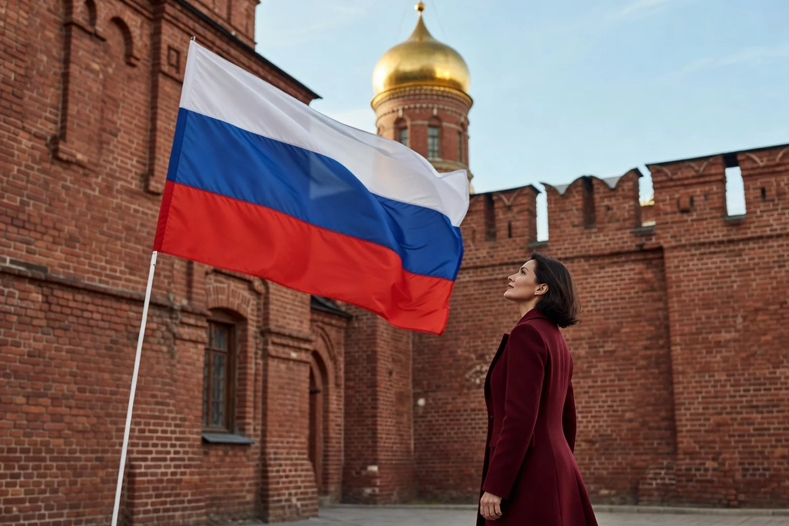 Le drapeau tricolore russe blanc-bleu-rouge flottant devant une façade de briques rouges à dôme doré, une femme en manteau bordeaux regardant le drapeau