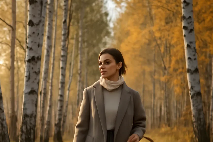 Femme marchant dans une forêt de bouleaux russe en automne avec un panier de champignons