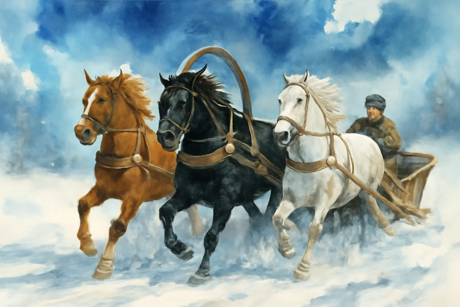 Troika russe : trois chevaux galopant dans la neige en tirant un traineau traditionnel