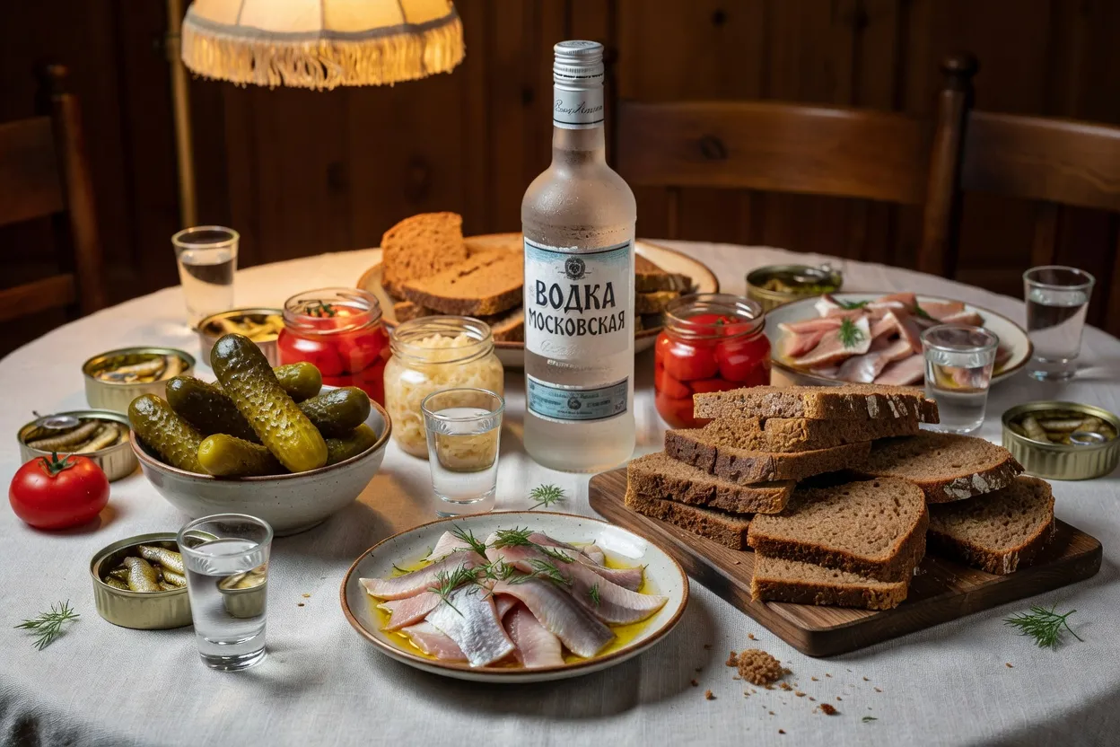 Bouteille de vodka russe entourée de zakouski traditionnels sur une table festive