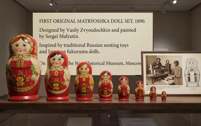 Premiere matriochka historique de 1890 aux cotes de poupees japonaises fukuruma