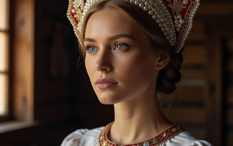 Kokochnik traditionnel russe orne de perles et de broderies d'or sur fond de tissu rouge