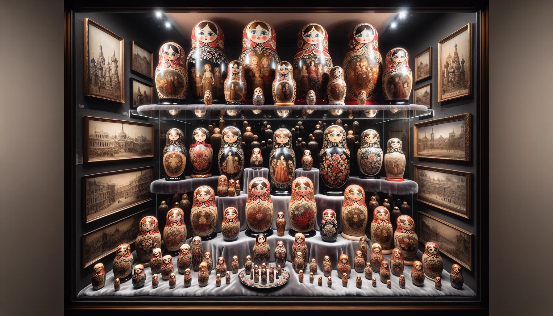 Matriochkas de collection exposees incluant des pieces anciennes et des oeuvres signees par des artistes