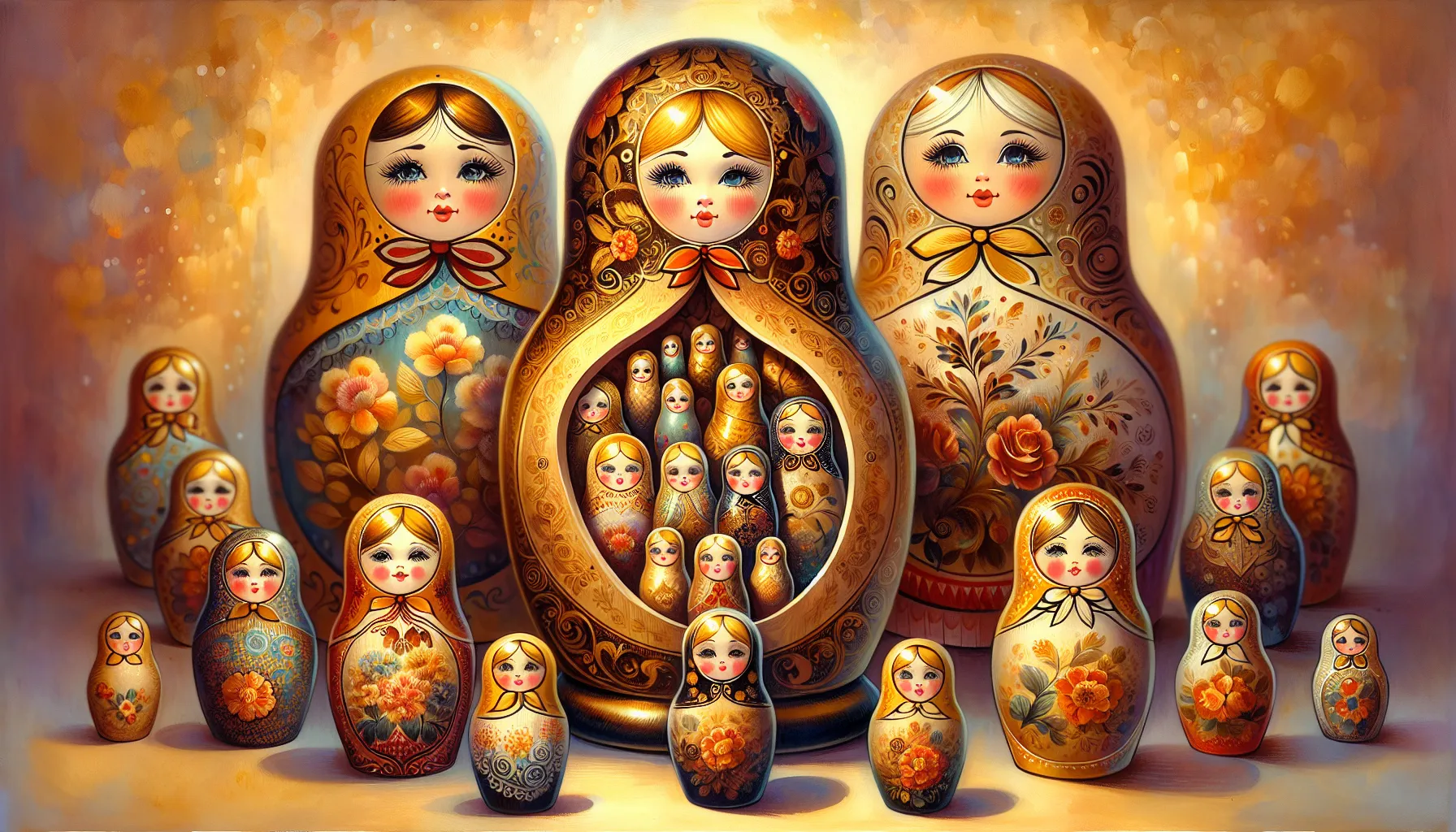 Matriochka ouverte revelant les poupees emboitees symbolisant les generations et les couches de l'ame