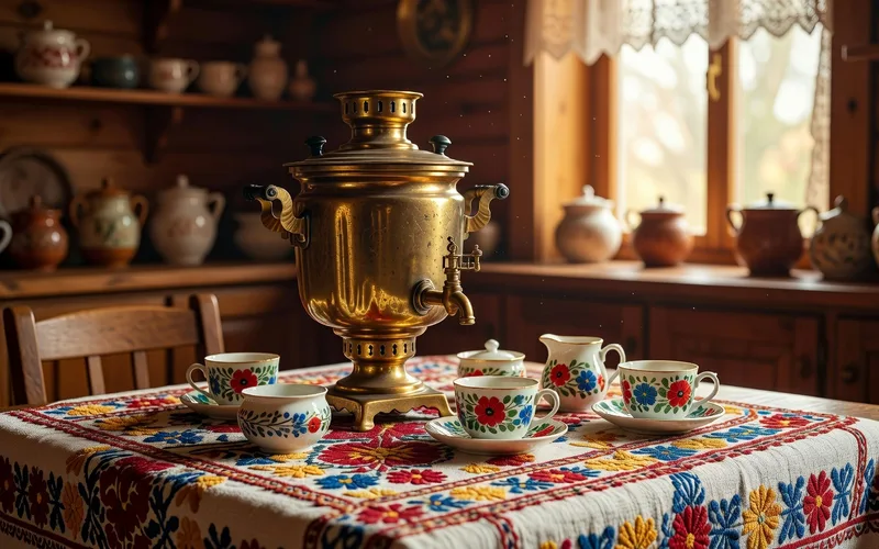 Samovar traditionnel en cuivre dore sur une table dressee pour le the russe avec confiture et patisseries