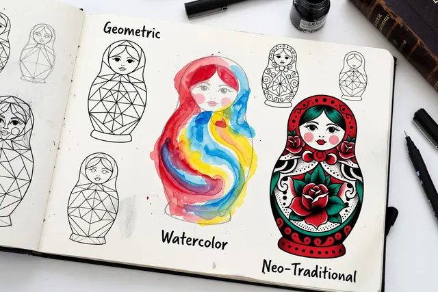 Tatouage matriochka en aquarelle, couleurs vives et effets d'éclaboussure encre